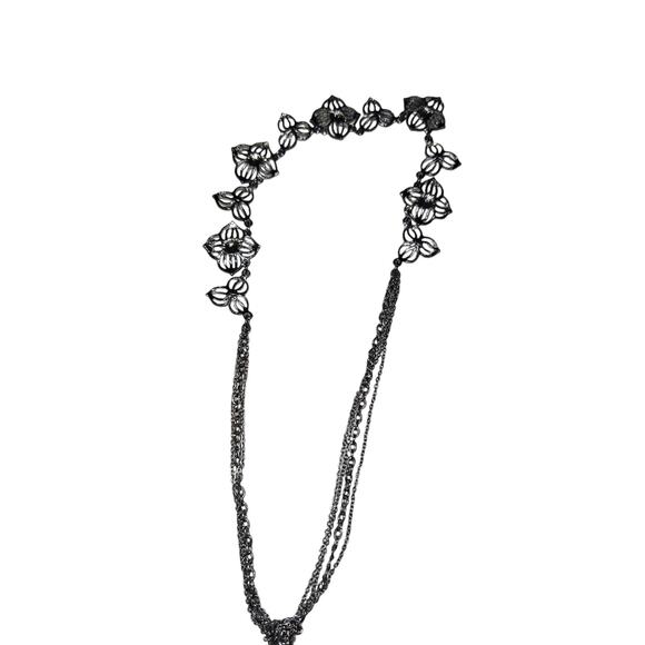 Black Floral Necklace Black and Clear Faux Gems Dark Chain Whimsigoth Witchy - Picture 2 of 3